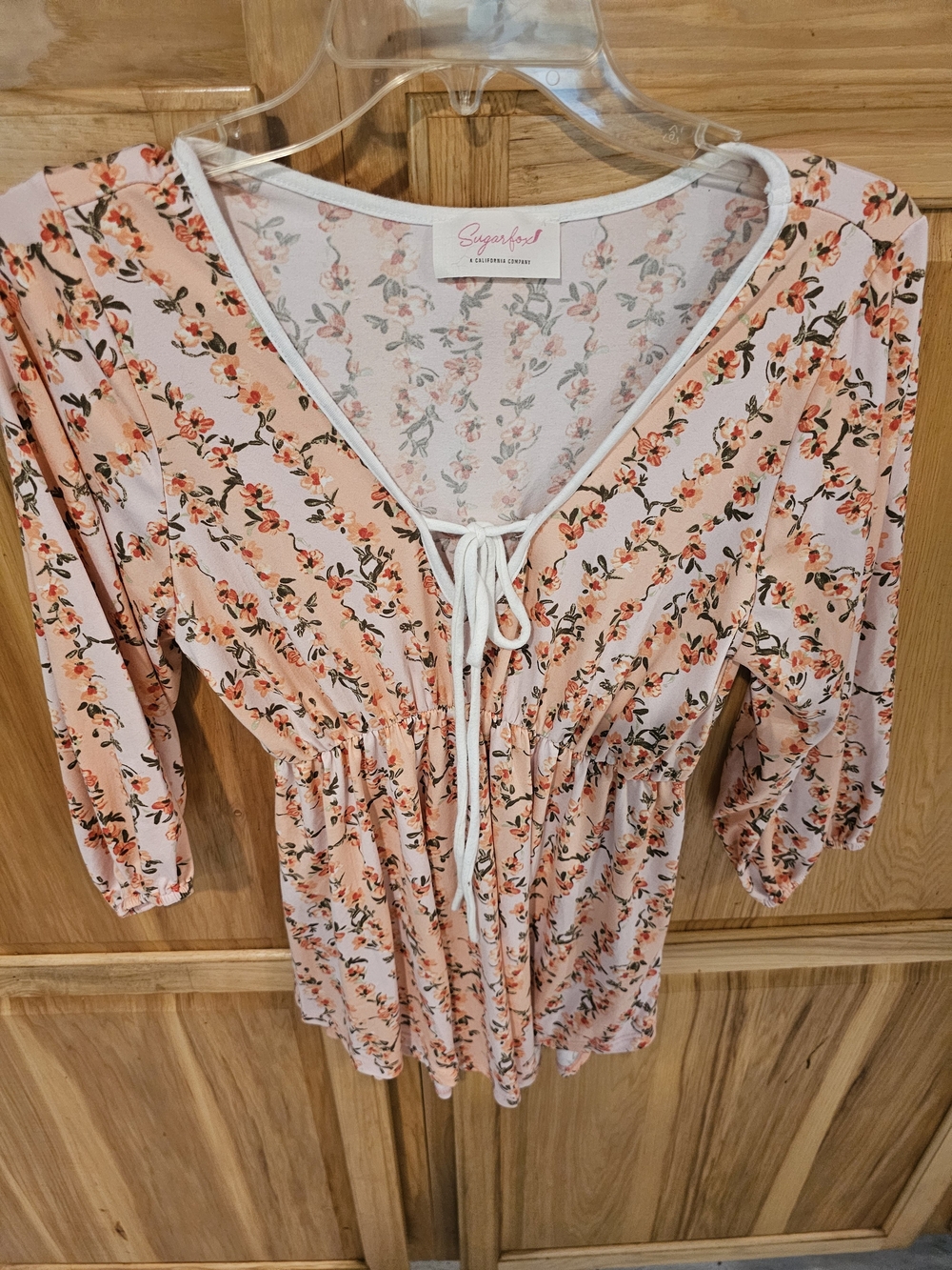 Sugar Peach Floral Tie-Front V-Neck Peasant Tunic